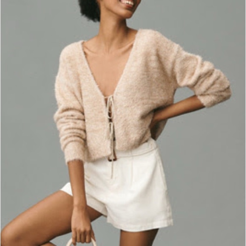 Anthropologie Tie-Front Fuzzy Knit Cardigan | Cropped Cozy Sweater | Beige
